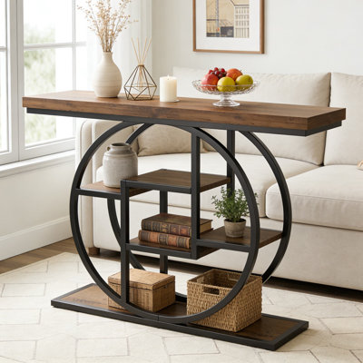Console industrielle avec 6 tablettes de rangement, canapé étroit avec structure en métal circulaire pour le salon, le vestibule, le couloir et le bureau