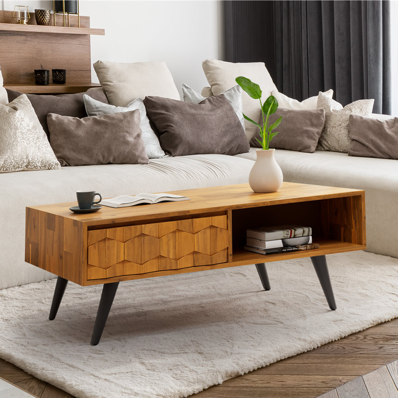 Table basse à 4 pieds en bois massif avec rangement Georgina, Brun teck