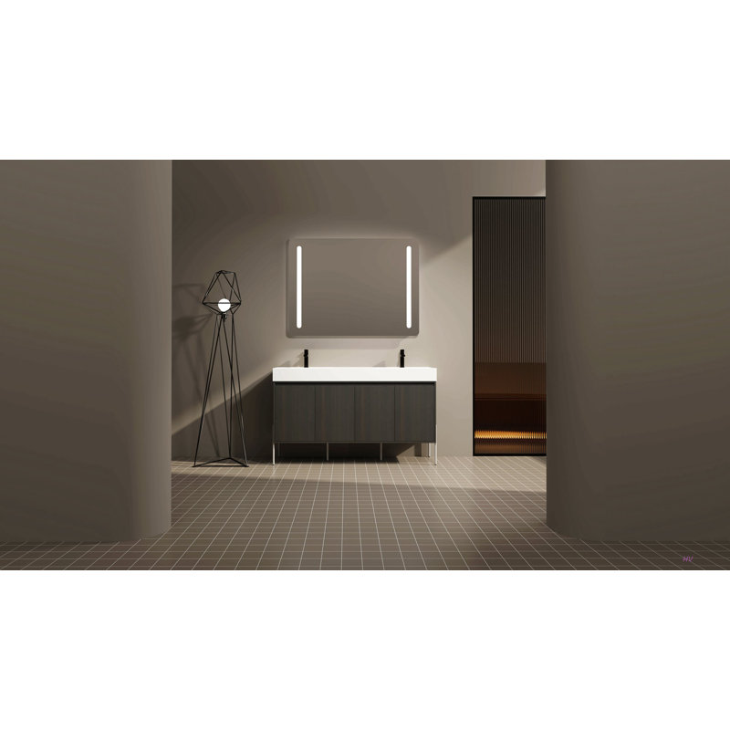 Meuble-lavabo autoportant 60 po avec double lavabo en résine, armoire de rangement avec portes à fermeture douce (ensemble KD)