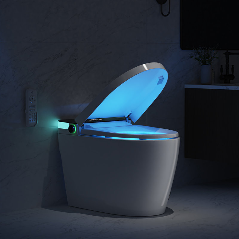 Toilette intelligente CRESTLE avec bidet, allongée, 17,5 po de hauteur ADA, couvercle à ouverture / fermeture automatique, mode ECO, stérilisation UV, pré-brumisation, chasse d'eau automatique / de secours 1,2 GPF avec score de 1000 g MaP, laveuse / sécheuse chaude, siège chauffant, veilleuse , Télécommande