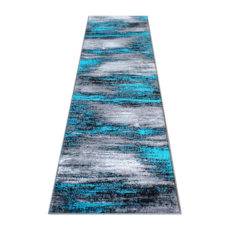 Guelph Turquoise and Gray Abstract Style Scraped Pattern Accent Area Rug, Runner 2' x 7'