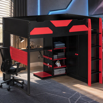 Full Size Wood Loft Bed With Desk, Multi-Storage Shelves,USB And RGB Light, Red