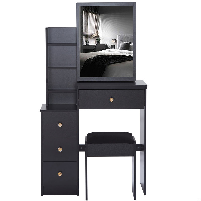 Petit meuble-lavabo 29,2 po avec tabouret de chevet gauche + tabouret rembourré, très grand miroir coulissant à droite, rangement multi-couches à grande capacité, commode pratique