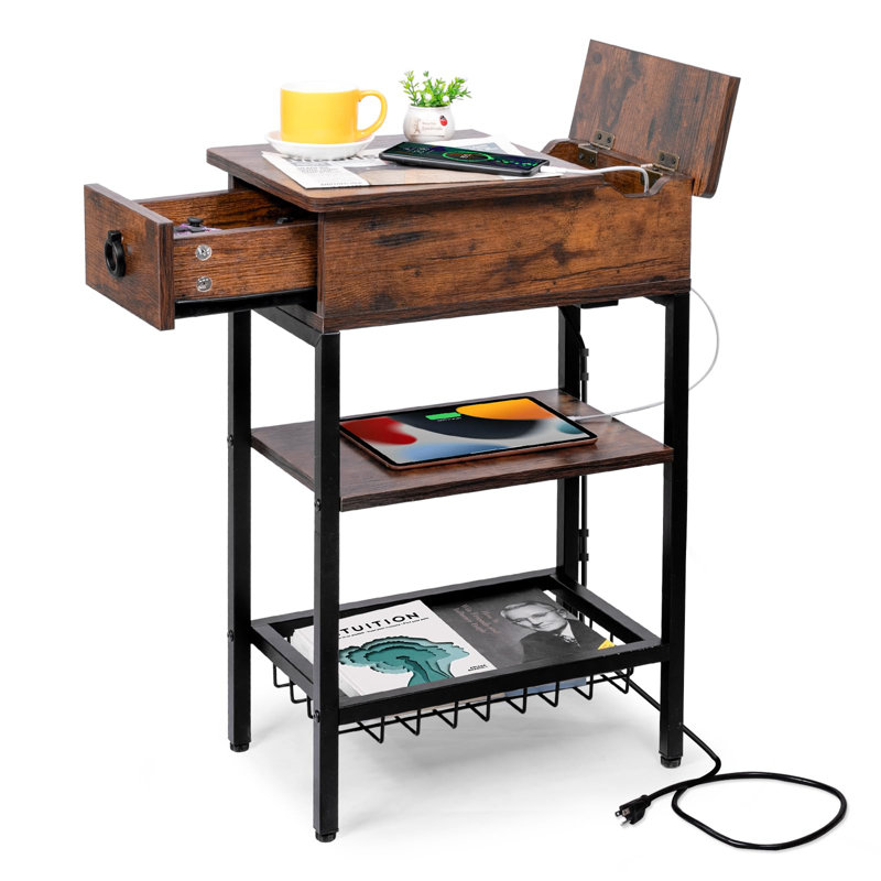Rustic Slim Rectangular Wood Side Table with USB Ports and Outlets