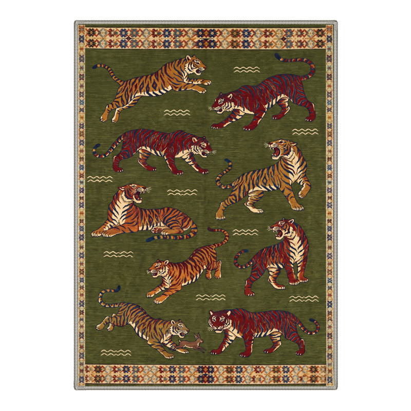 Abrahamson Tigris Animal Print Machine Washable Green Indoor Area Rug with Non-Slip Backing, Rectangle 9' x 12'