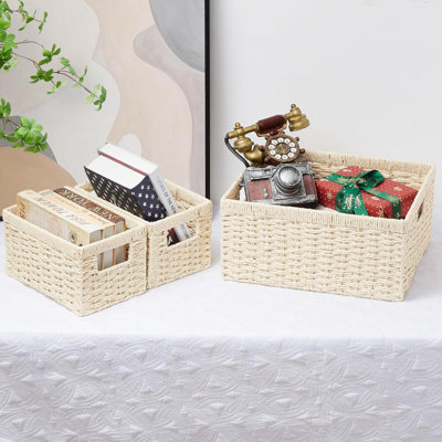 Wicker Storage Basket, Set Of 3 Wicker Basket, Hand-Woven Paper Rope Storage Baskets For Organizing, Large Cube Storage Organizer Bins Baskets For Shelves Small Toilet Paper Baskets