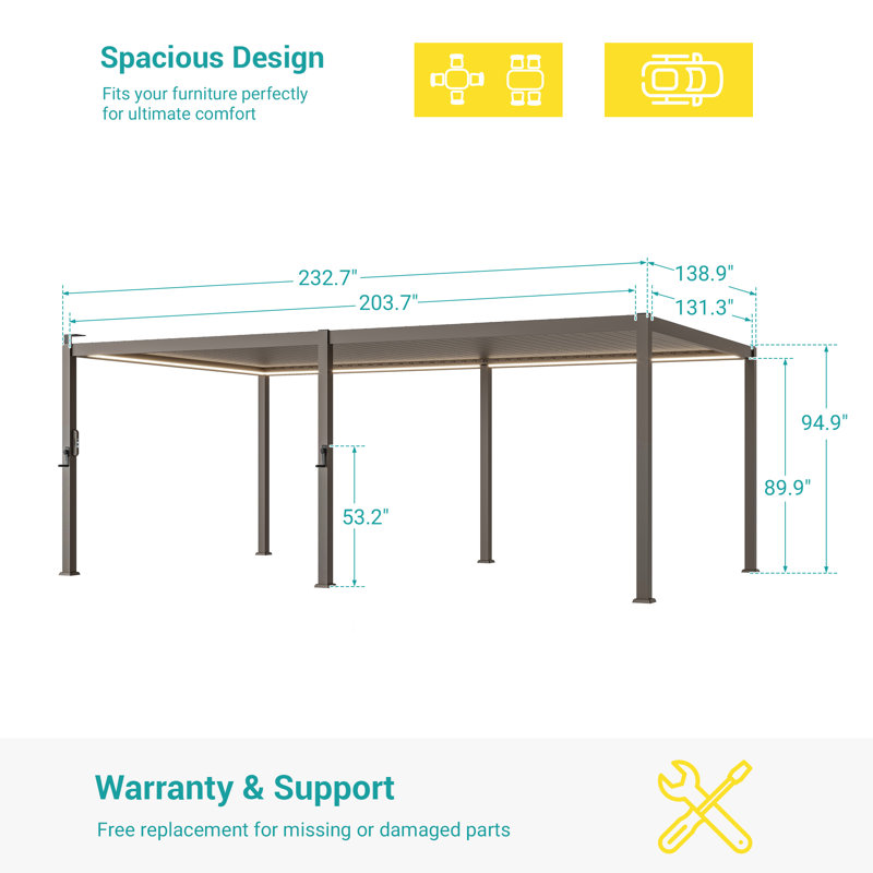 Pergola métallique à lames orientables avec éclairage solaire DEL et toit réglable, 12x20FT, Brown