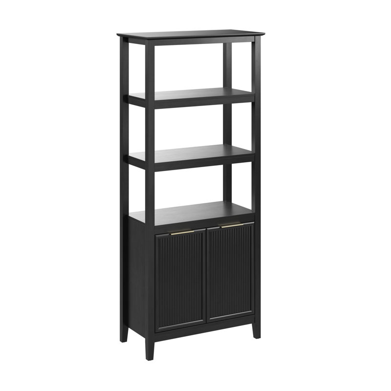 5 Shelf Bookcase with Doors, Fluted Design, Tall Storage Cabinet, Modern Wood, Onyx Birch, Onyx Birch