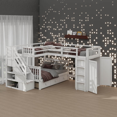 Bunk Bed In L-Shape With Twin-Twin Upper And Full Lower, Comes With 3 Drawers, A Portable Desk And A Wardrobe