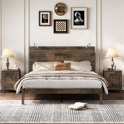 Ensemble de chambre à coucher 3 pièces, lit plateforme avec deux lumières de chevet, table de chevet 2 tiroirs, noyer antique