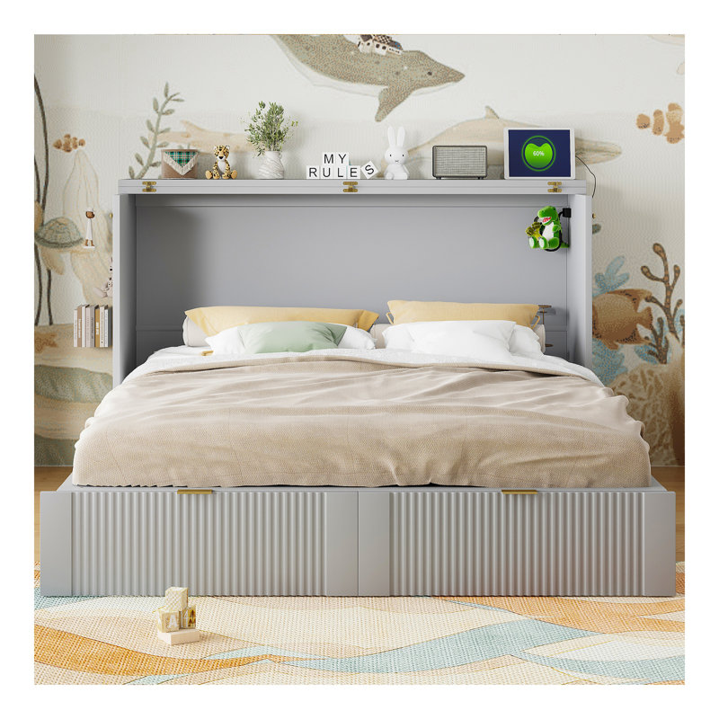 Grand lit escamotable avec tiroir et un ensemble de prises et de ports USB, structure de poulie, gris, Gris, Grand lit