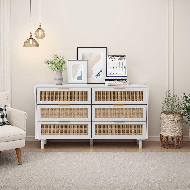 Armoire d'appoint, armoire de rangement en rotin à 6 tiroirs, H 29,72 po x l 51,18 po x P 15,75 po