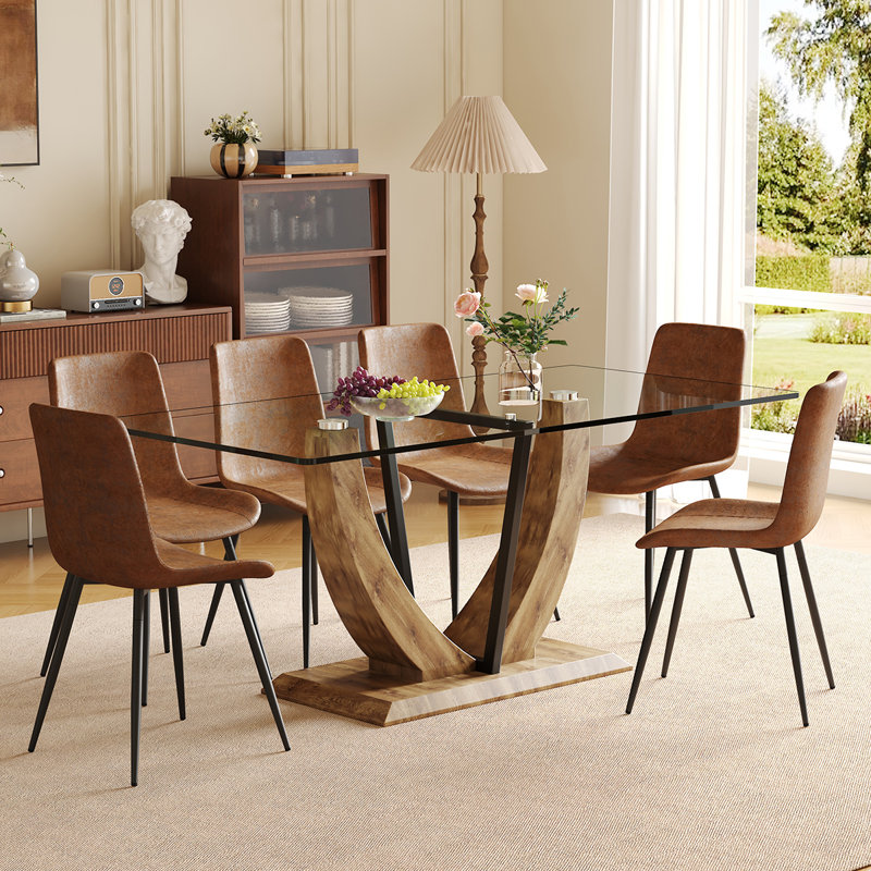 Ensemble de table de salle à manger de 71 po pour 6 personnes, plateau en verre trempé avec pieds en forme de U et chaises en tissu, idéal pour les cuisines et les salons