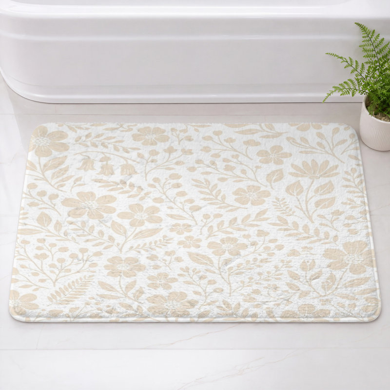 Tapis de bain à motif floral et botanique, L 34 po x L 21 po, Blanc / beige moyen