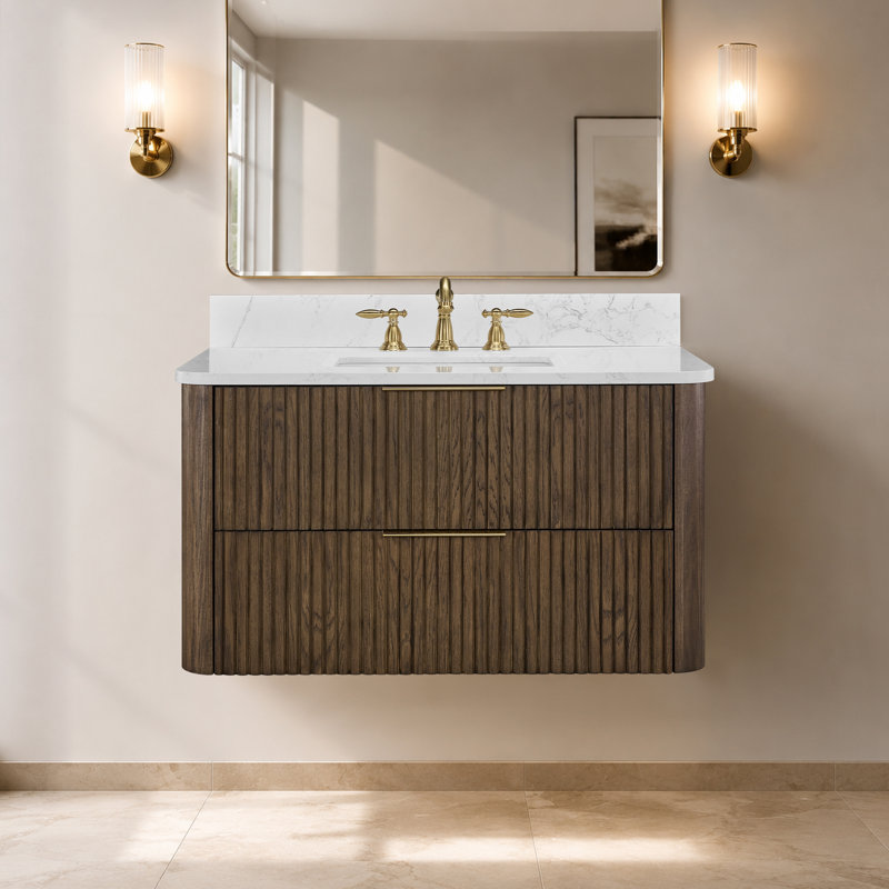 Meuble-lavabo flottant de 36 po avec lavabo, meuble-lavabo mural cannelé, comptoir en faux marbre, tiroir à fermeture en douceur, entièrement assemblé, brun chêne foncé