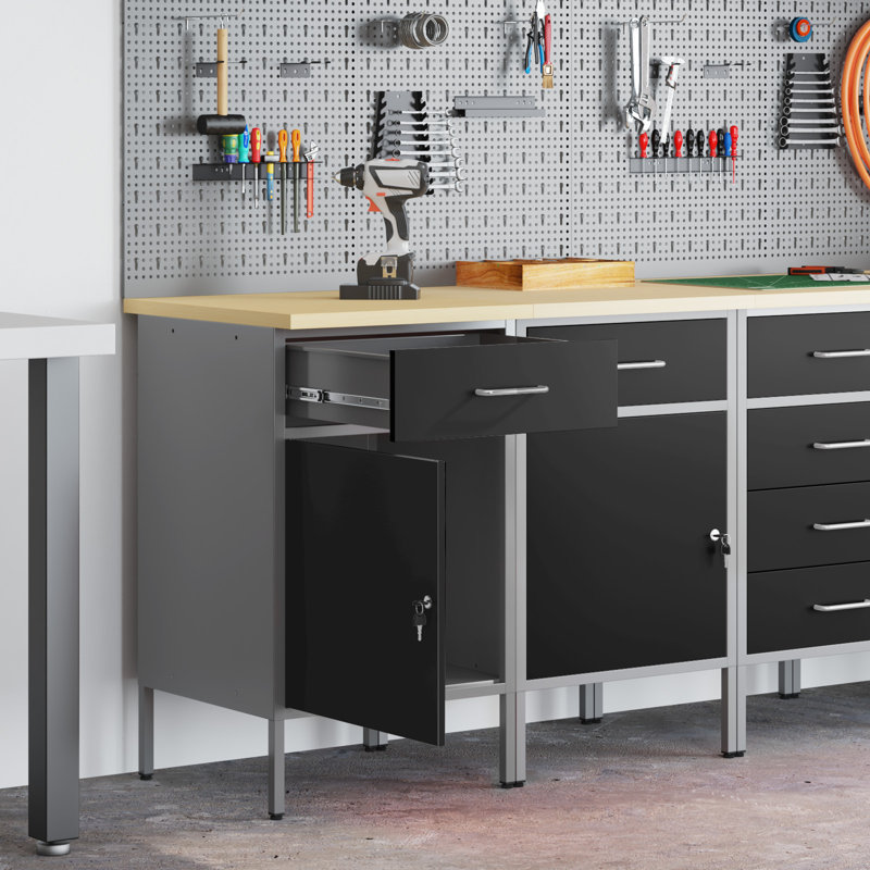 Set Of 2 Steel Medium Height-Adjustable Work Cabinet, Black