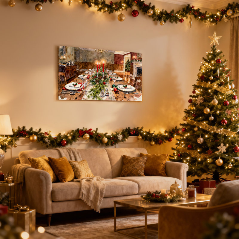 Table de Noël avec bougies et verdure, ensemble de 3 impressions sur toile, H 16 po x l 24 po