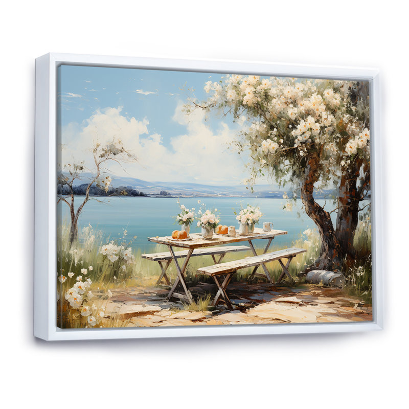 Pique-nique au lac II sur toile, Cadre flottant blanc, H 24 po x l 32 po