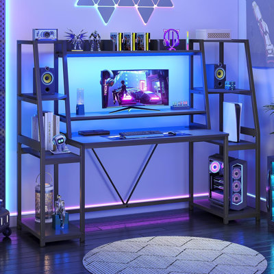 65.7'' Gaming Desk with LED Lights, Hutch and Storage Shelves, Computer Desk with Monitor Stand, Large PC Workstation for Bedroom Living Room, Black