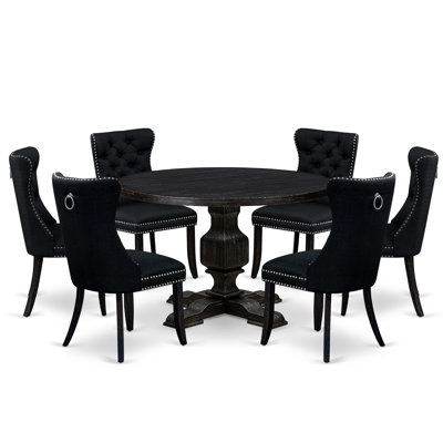 L'ensemble de table de cuisine 7 pièces contient une table ronde de 48 po avec piédestal et 6 chaises rembourrées en tissu noir, noir sablé
