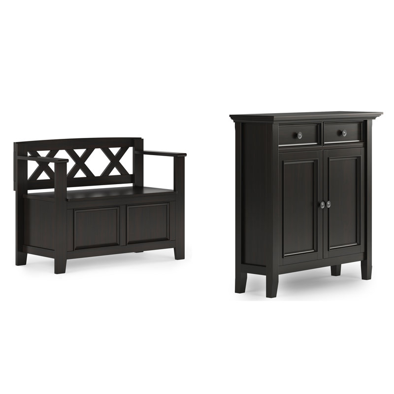 Petit banc de rangement en bois massif Amherst de 36 pouces de large et armoire de rangement de 36 pouces de large en hickory brun