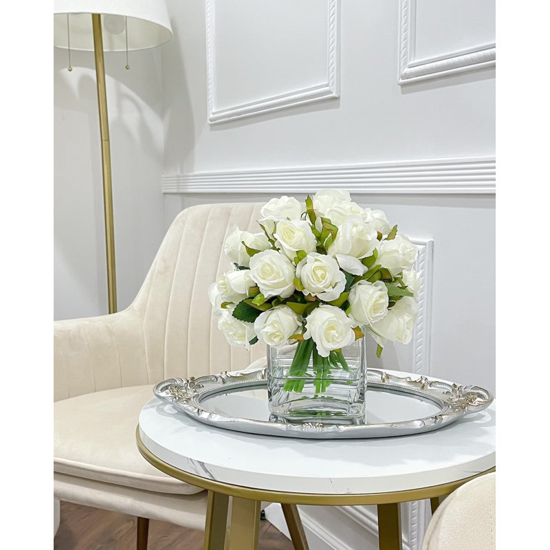 Artificial Medium Roses Arrangement In Square Glass Vase