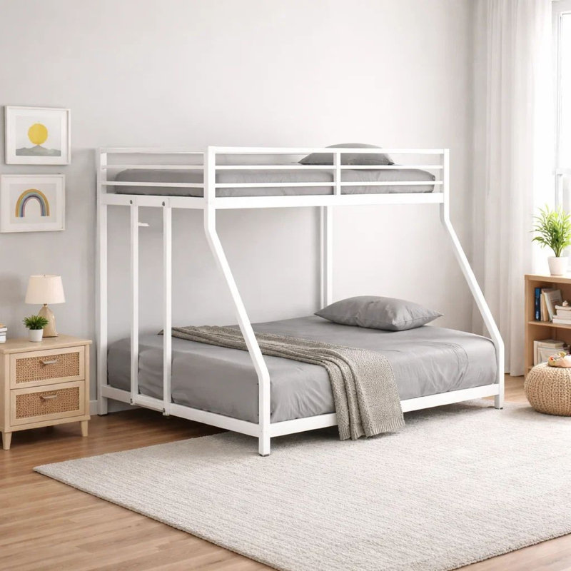 Ady Low Profile Twin Over Full Bunk Bed With Ladder, White Metal Frame