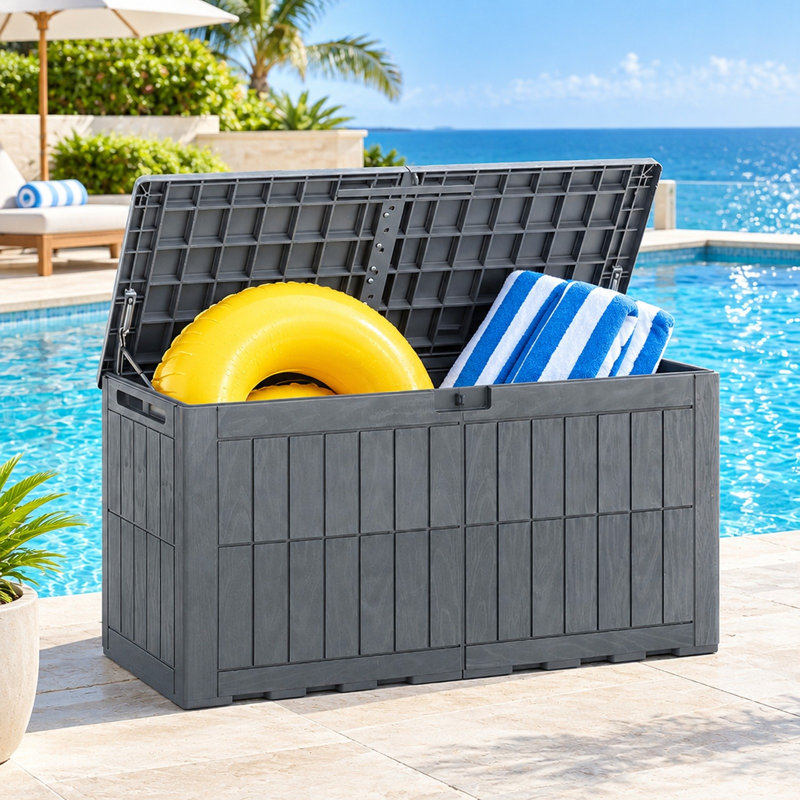 100-Gallon Outdoor Deck Box with Hydraulic Hinged Lid, 310 lb Bench Capacity, Lockable Design and Reinforced Polypropylene, Gray