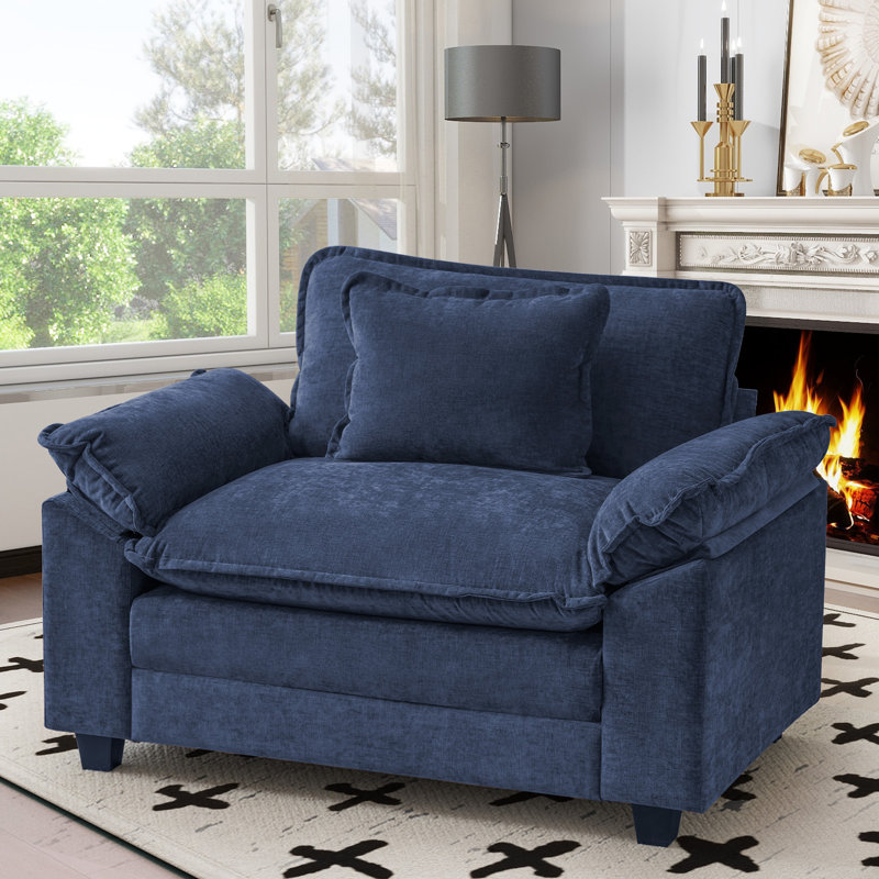 49.5'' W Oversized Premium Chenille Armchair And A Half With Accent Pillow & Removable Cushions, Blue Chenille