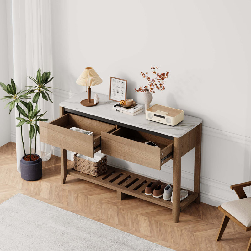 Console, table de couloir, table de vestibule avec tiroirs doubles , Marbre blanc
