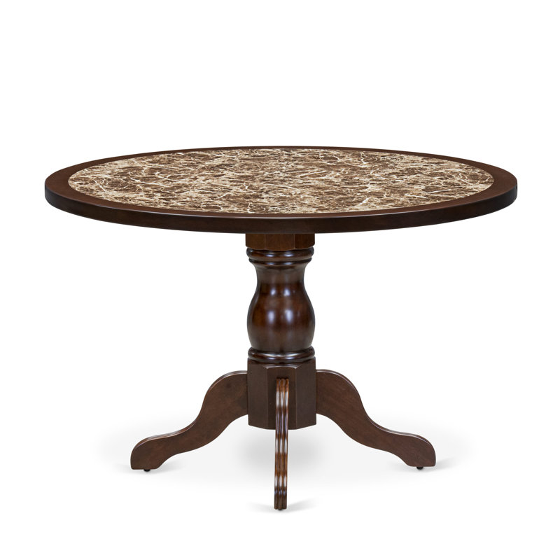 A Round Dining Table with Rippled Sand Marble Pattern tabletop, Mahogany Finish, Mahogany