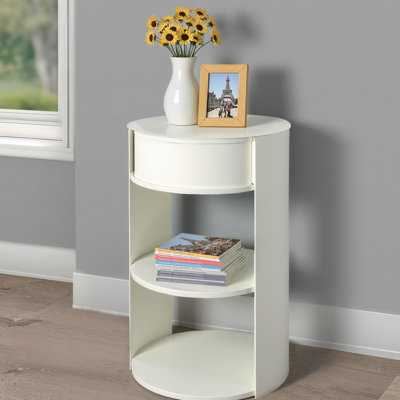 Table d'appoint en métal à 3 niveaux avec porte coulissante, blanc mat, finition thermolaquée, agencement vertical peu encombrant, facile à réorganiser, format compact, idéale pour les petits espaces, s'harmonise avec tous les styles de décoration, forme ronde