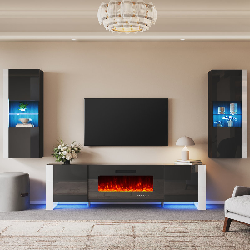 Bhhatu 80“ Entertainment Center for TVs with Electric Fireplace Included, Black, Black, 80"