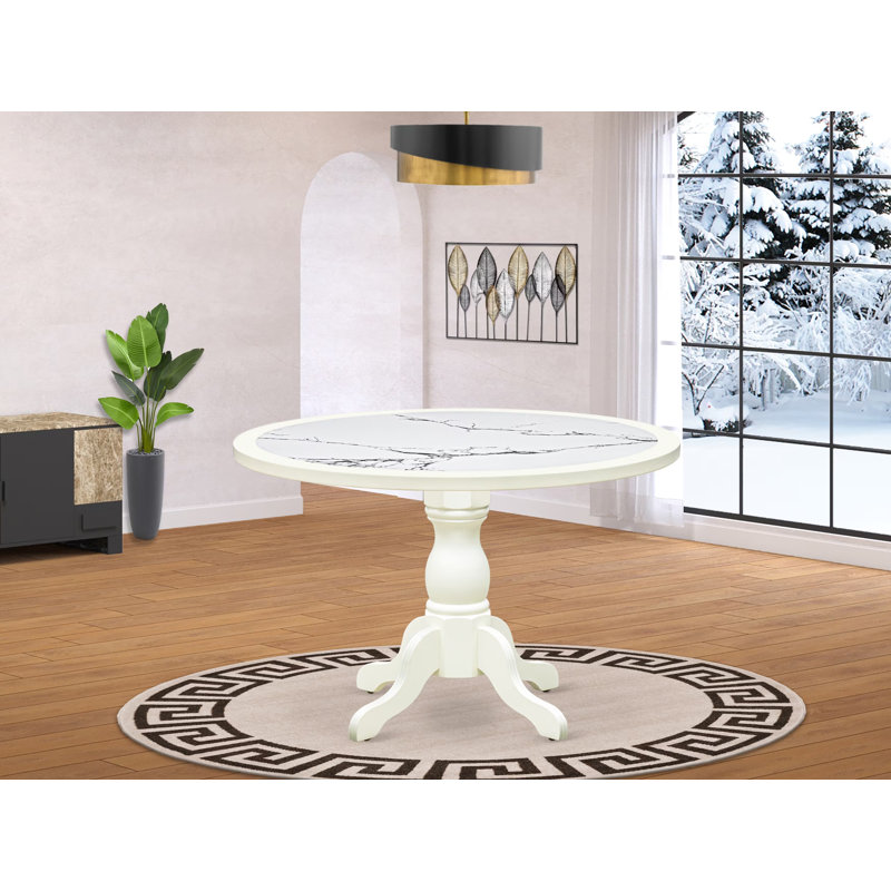 A Round Modern Kitchen Table with Lattice Marble Pattern tabletop, Linen White Finish, Linen White