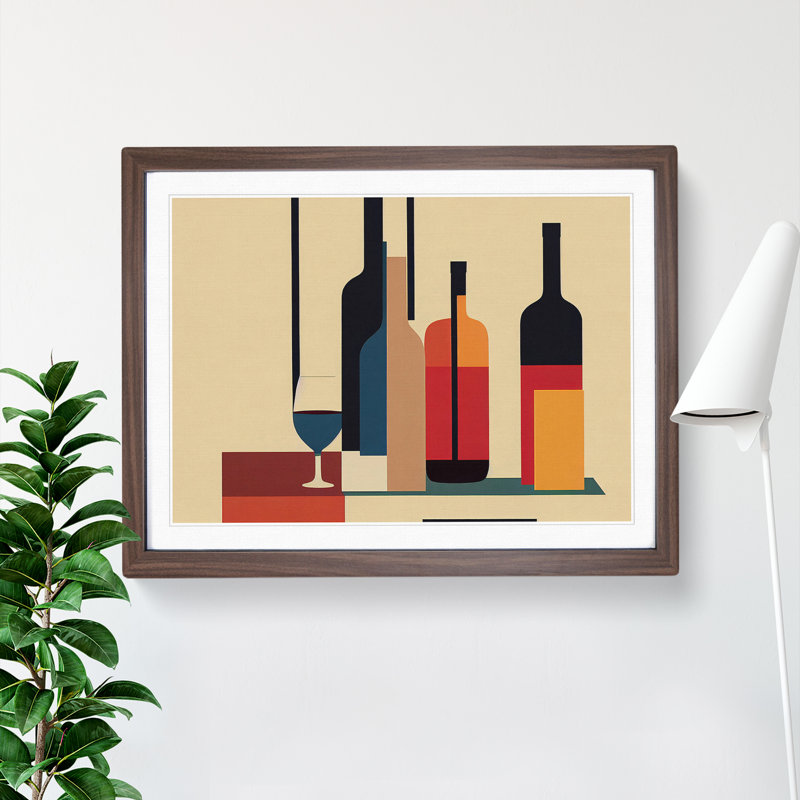 XH1022-10169X Wine Bottle Retro Art Vol.2 Abstract - Single Picture Frame Print, 46cm H x 64cm W x 2cm D, Walnut