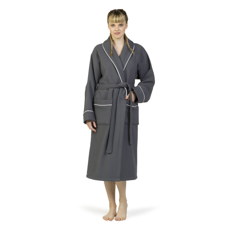 Gender Neutral Mid-Calf Bathrobe with Pockets, Dark Gray/White, L