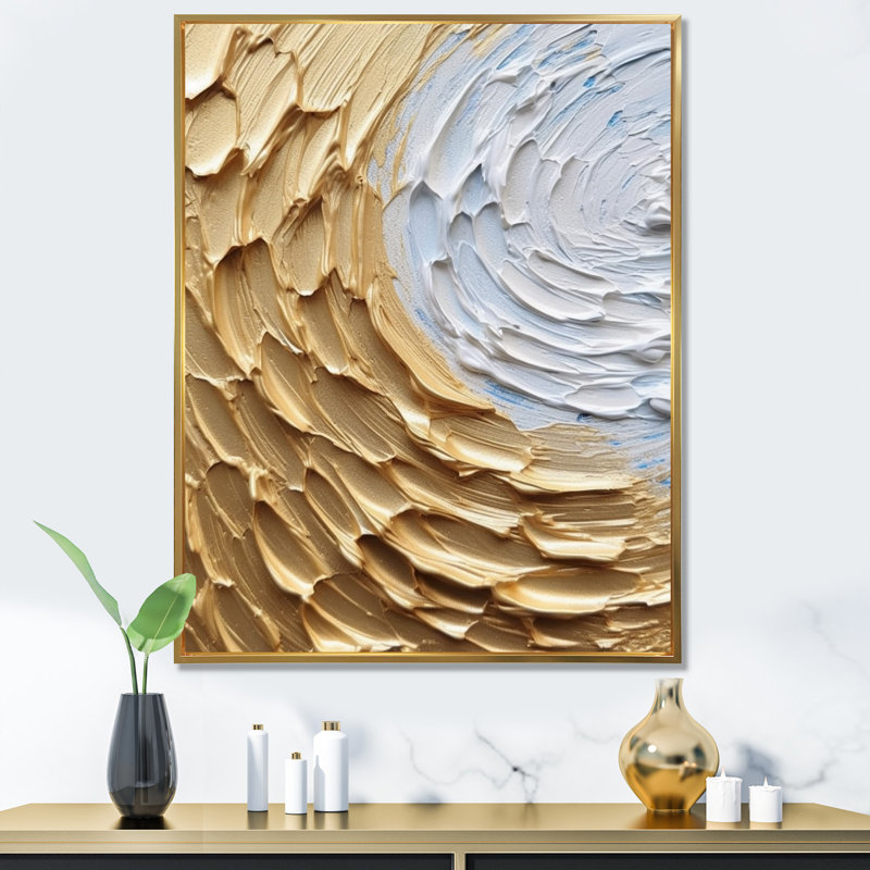 «Gold Cream Infinite Swirls III - Abstract Spirals», art mural sur toile, 32" H x 16" W, Cadre flottant doré