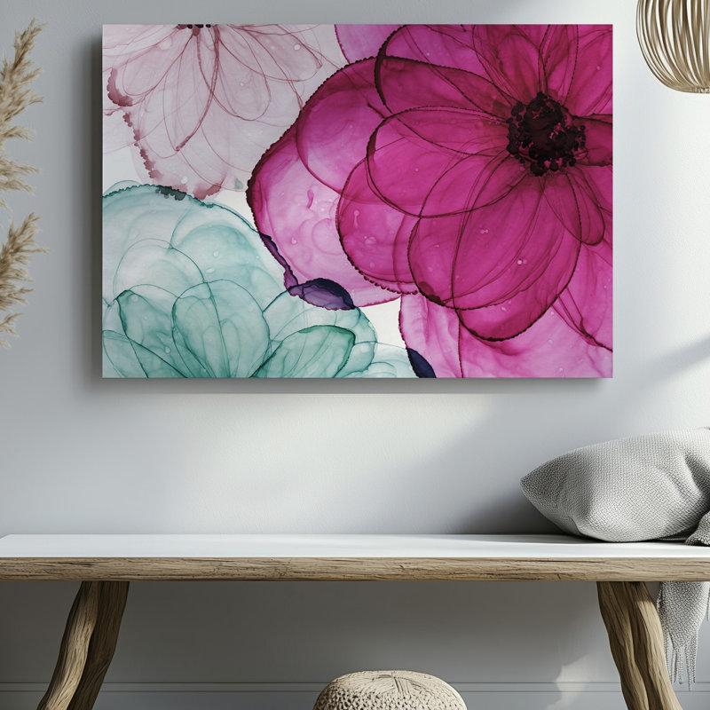 «Canvas A Vibrant and Soft Aquarelle Composition» affiche de grands pétales de fleurs superposées en magenta foncé et sur toile
