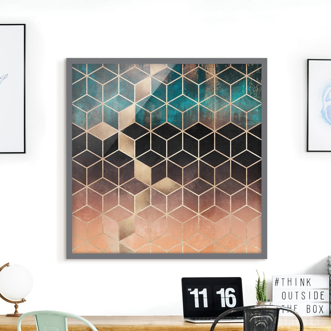 Gerahmtes Poster Turquoise Rosé Golden Geometry