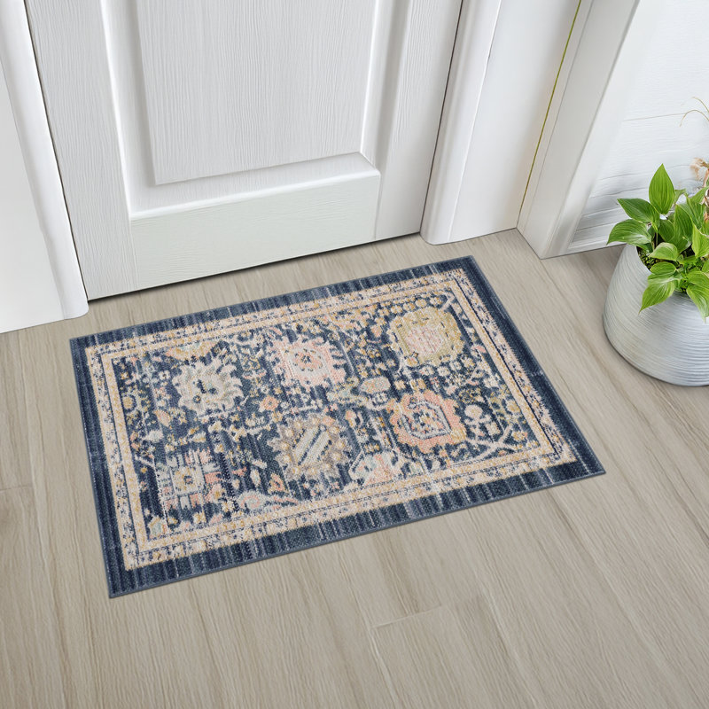 Camilla Traditional Oriental Navy Blue Polyester Area Rug, Rectangle 2' x 3'