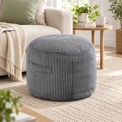 Pouf rond en velours côtelé 20 po avec rembourrage en mousse, poche latérale et housse amovible, gris