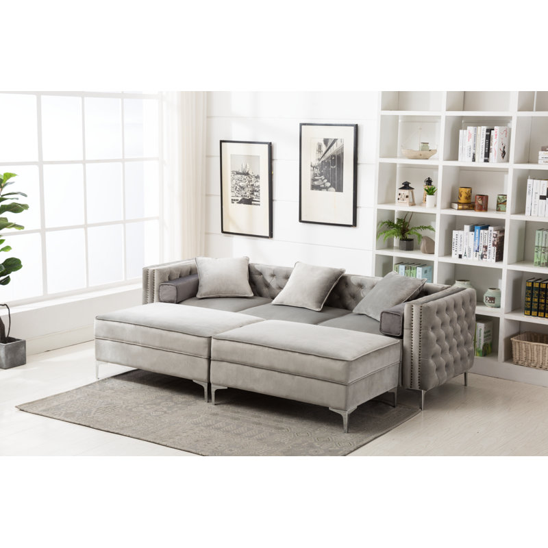 Marciano 104" Wide Velvet Reversible Modular Sofa & Chaise with 2 Ottoman, Gray
