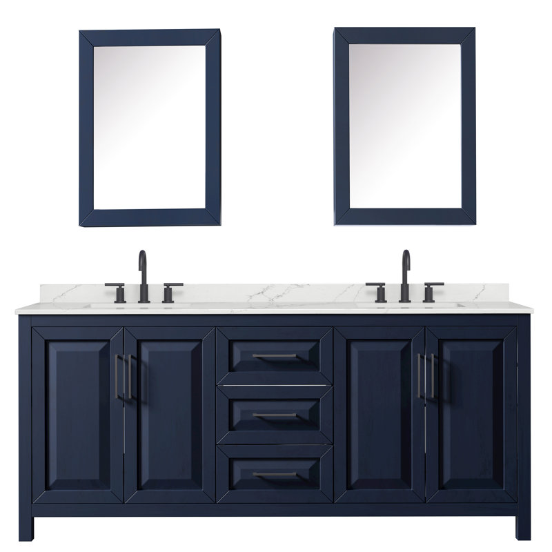 Daria 80 in. with Mirror Vanity, White Quartz, Blue, Matte Black
