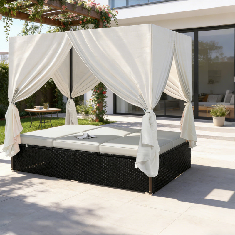 PE Rattan Outdoor Daybed With 3 Color Options Privacy Curtains & Water-Resistant Cushions For Patio & Poolside, Beige