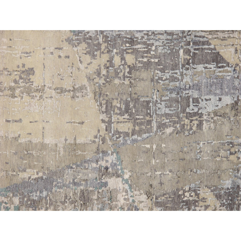 Tapis abstrait en laine / soie bleu / beige / gris noué à la main Abstract, Rectangle 8 pi x 10 pi 1 po