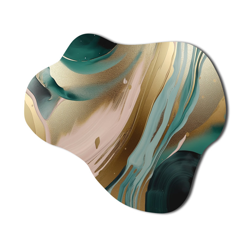 Gold And Green Marbled Euphoria V - Cloud Abstract Marble Metal Wall Art, Asymmetrical Metal Wall Sculpture Print