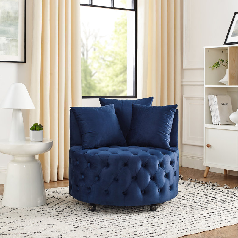 Blue Velvet Swivel Chair With Button Foot Pad And Movable Feature Chic Back Rolling Wheels