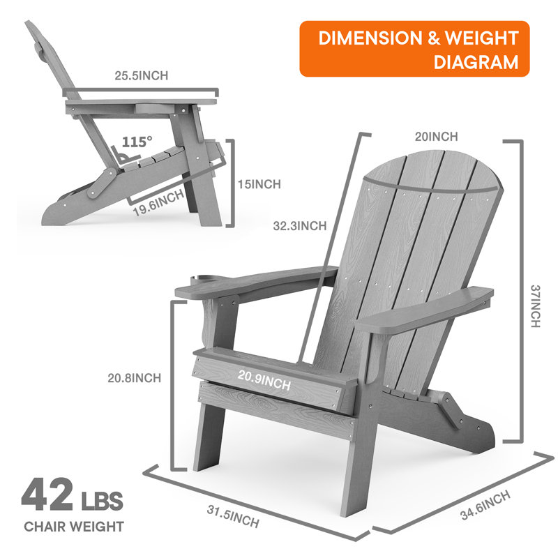 Outdoor Folding Adirondack Chair HIPS Oversized Plastic Adirondack Chair All Weather Patio Chair with Cup Holder Fire Pit Chair, Gray