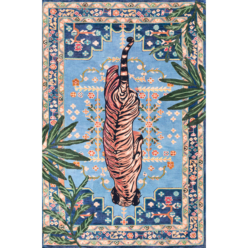Tapis tissé bleu à motif léopard, Rectangle 3 pi 9,81 po x 6 pi 6,74 po