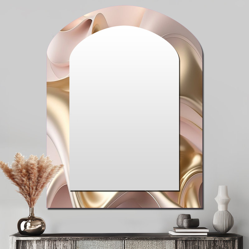 Subtle Sophistication In Exquisite Pink & Gold VI - Liquid Ink Arch Wall Mirror, Pink Asymmetrical Decorative Mirror, Printed Metal Art